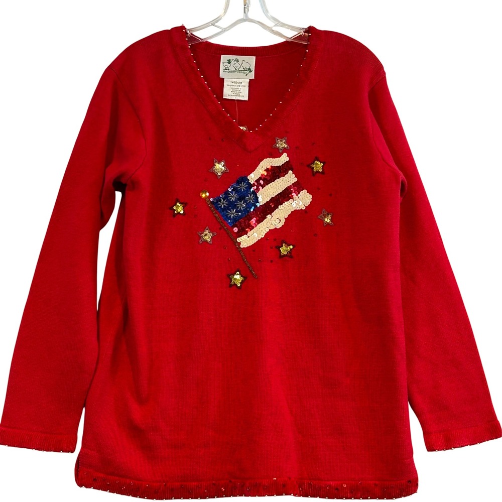 NWT QVC Quacker Factory Red American Flag V-Neck Sweater Women USA Patriotic Med